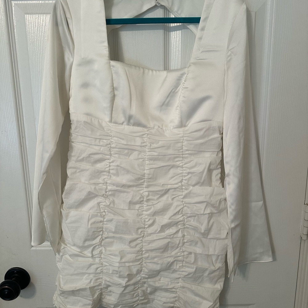 ASOS White Long Sleeve Ruched Dress